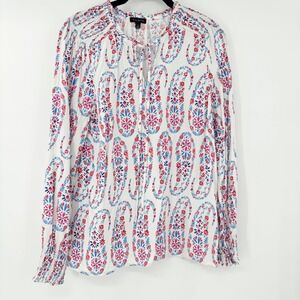 Talbots Red White Blue Floral Print Peasant Top Long Sleeve Rayon Size S